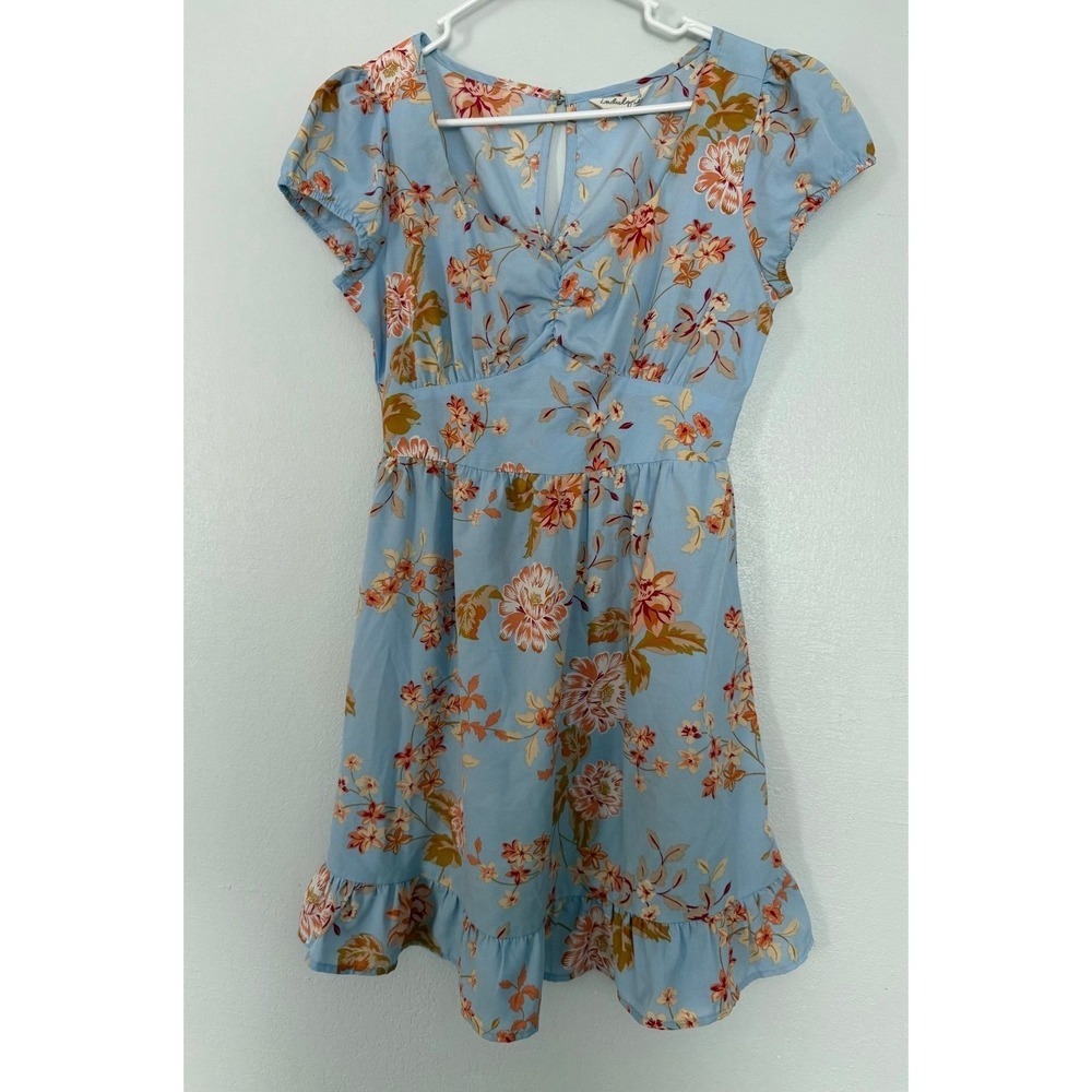 Indulge Floral Print Blue Short Sleeve Ruffle Hem Dress Women's Size M